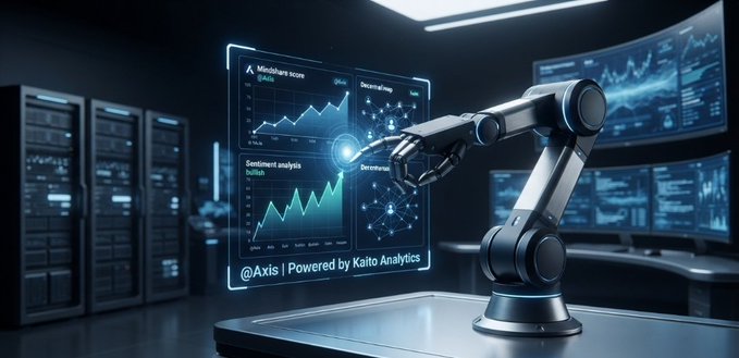 A futuristic scene featuring a robotic arm pointing at a holographic display showing charts and graphs, with text reading '@Axis | Powered by Kaito Analytics' in a high-tech server room setting.