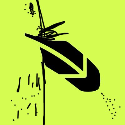 A stylized black ink illustration on a bright green background depicting an abstract eye-like shape with dripping lines and splatters.