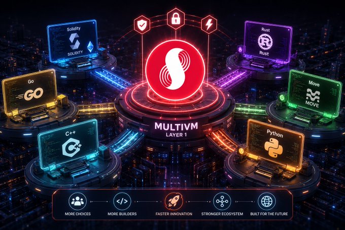 A futuristic tech illustration for 'MULTIVM LAYER 1' displaying logos for programming languages including Solidity, Rust, Go, Move, C++, and Python, with benefits like 'MORE CHOICES' and 'BUILT FOR THE FUTURE.'