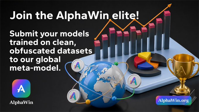 A promotional graphic for 'AlphaWin' inviting users to 'Join the AlphaWin elite!' and submit models trained on obfuscated datasets, featuring a globe, bar chart, pie chart, and gold trophy.