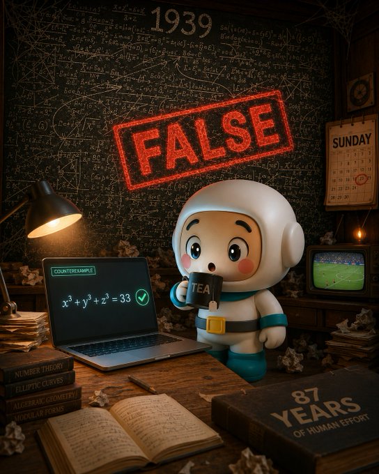 A whimsical illustration of an astronaut-like character drinking tea in a study filled with math books (Number Theory, Elliptic Curves, Algebraic Geometry, Modular Forms), with a laptop showing the equation 'x³ + y³ + z³ = 33' and a large red 'FALSE' stamp on a chalkboard marked '1939,' along with a book titled '87 Years of Human Effort.'