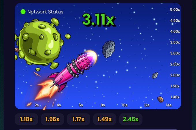 A crash-style gambling game interface showing a rocket flying through space with a current multiplier of 3.11x, featuring a green planet and asteroid on a starry background.