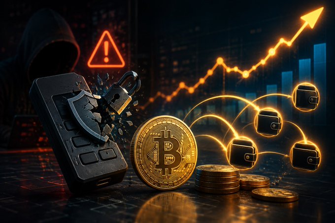 A hooded figure holds a cracked phone displaying a shattered Bitcoin wallet with a warning symbol, while a rising chart and interconnected cold storage wallets surround a stack of Bitcoin coins, illustrating the security breach of the Coldcard hardware wallet and the subsequent surge in Bitcoin on-chain metrics above the two-year median.