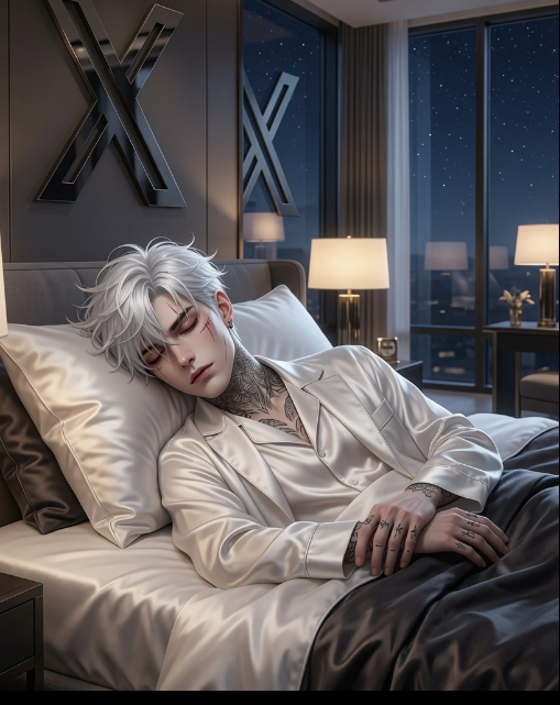 Anime-style illustration of a tattooed young man with messy white/silver hair and closed eyes, wearing white silk pajamas and rings, lying peacefully on white satin pillows in a luxurious bedroom with floor-to-ceiling windows showing a night sky.