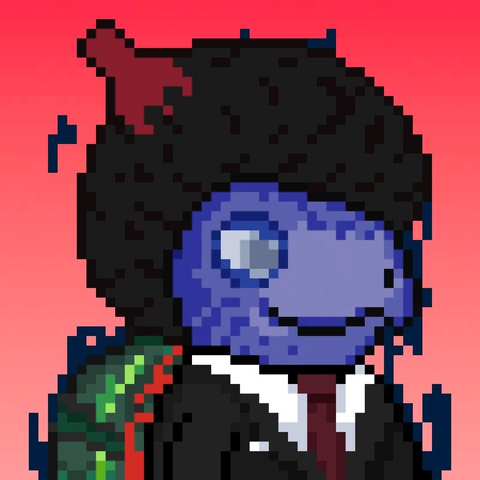 A pixel-art style illustration of a character with black hair, a blue cap, and what appears to be a holly-decorated outfit, set against a red background.