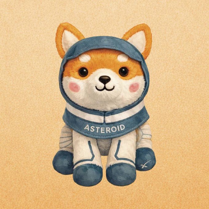The image features a stuffed animal toy, likely a dog or a cat-like creature, dressed up as an astronaut in blue and white clothing. The animal appears to be in a seated position with its legs crossed in a relaxed manner. Below the stuffed animal, there is text that reads "Hello @VitalikButerin Please send the donation from 4% Asteroid sale to the Asteroid Foundation multi-sig wallet 0xdc6eB96b5Fc893CC938..." and "@VitalikButerin We will distribute the funds across 20 Cancer Charities worldwide". The focus of this image is not just on the cute stuffed animal but also on the underlying cause for which it was created.
