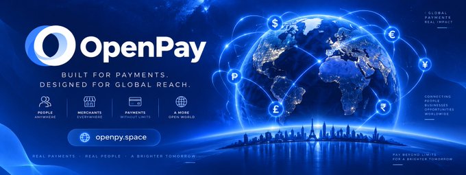 A promotional banner for "OpenPay" featuring the tagline "Built for Payments Designed for Global Reach," with the website openpy.space displayed alongside features like "People Anywhere," "Merchants Everywhere," "Payments Without Limits," and "A More Open World," set against a backdrop of a stylized globe surrounded by currency symbols (dollar, euro, pound, rupee) connected by glowing lines to represent worldwide payment connectivity.