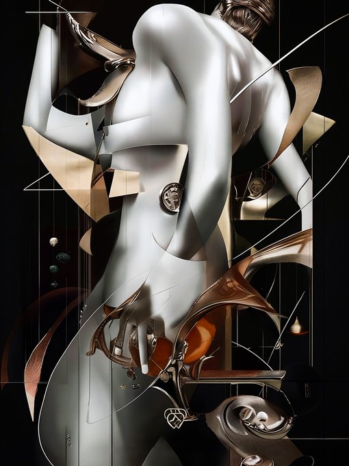 A surreal digital art piece features a faceless figure in a smooth white form with geometric gold accents, holding a metallic object.