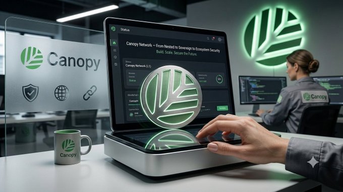 A modern office setting featuring a person using a computer displaying a 'Canopy' network interface, with the 'Canopy' logo and branding visible on a glass wall and a coffee mug.