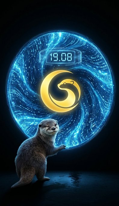 An otter stands in front of a glowing blue circular display showing "19.08" and a yellow logo, holding a smaller digital element.