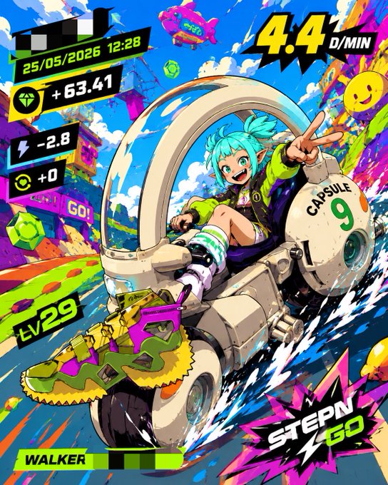 !!!STEPEN GO!!!! character from the video game Steen Go!, wearing a green jacket and helmet, with a yellow gas tank and pink shoes, riding on a white motorcycle through a colorful landscape.