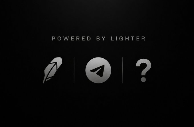 A dark graphic displays the text "POWERED BY LIGHTER" above three icons: a feather logo, the Telegram paper plane logo, and a question mark, teasing an upcoming partnership or integration announcement related to the $LIT token.