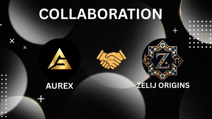 The image features a black background with gold circles, and the text "Collaboration" written above them. Below this, there are two logos - one for "@ZelijOrigins Mint Details" and another for "Aurex". The logos are positioned next to each other on the same line of text.