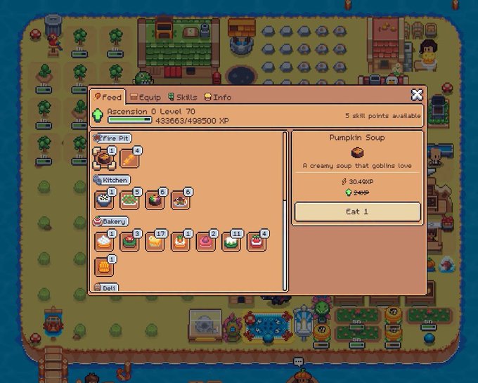 The image shows a gameplay screenshot from Sunflower Land, featuring a Feed crafting menu for an Ascension Level 70 character with 433663/498500 XP, where the user is viewing details for "Pumpkin Soup" that sells for 30.49 XP and restores 24HP. This relates to the post about efficiently leveling up to LV100, as crafting and consuming food items like Pumpkin Soup appear to be a key strategy for gaining XP quickly in the game.