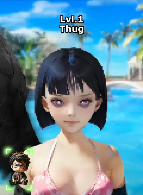 A 3D game screenshot labeled 'Lvl.1 Thug' featuring a black-haired female character in a pink bikini by a pool with a small angry chibi character overlay.