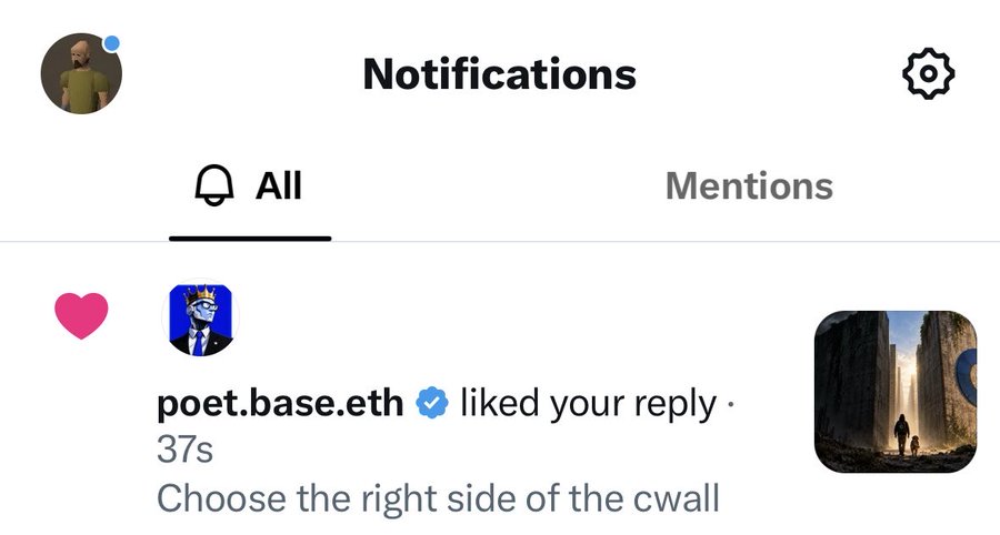 A mobile notifications screen shows a like from verified user 'poet.base.eth' on a reply that reads 'Choose the right side of the cwall'.