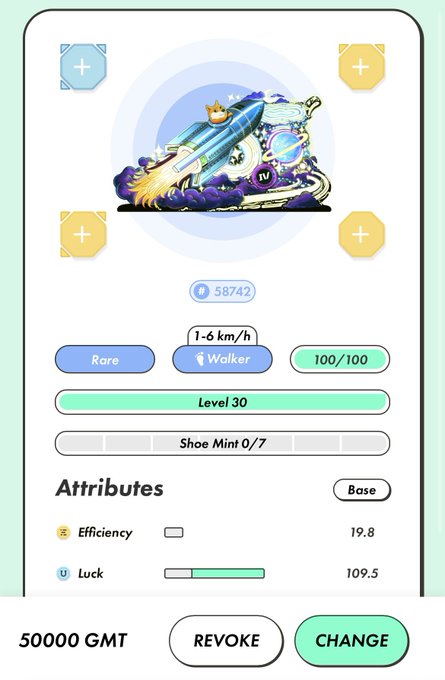 A mobile game interface showing a rare walker sneaker at level 30 with 58742 power, 1-6 km/h speed, 100/100 mint, and attributes including Efficiency 19.8 and Luck 109.5.