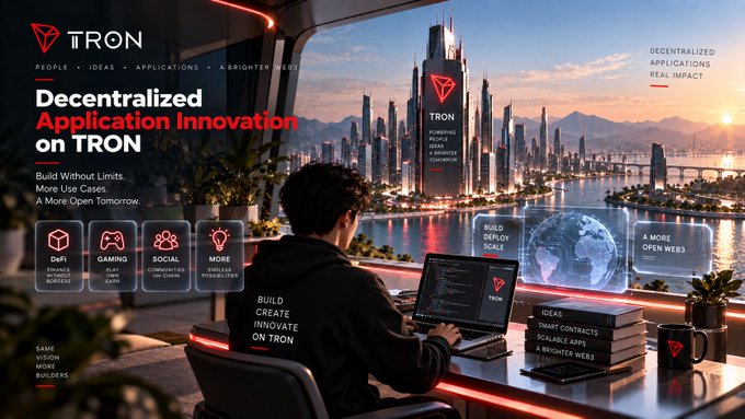 Promotional banner for TRON blockchain featuring 'Decentralized Application Innovation on TRON' with a person working at a computer overlooking a futuristic cityscape.