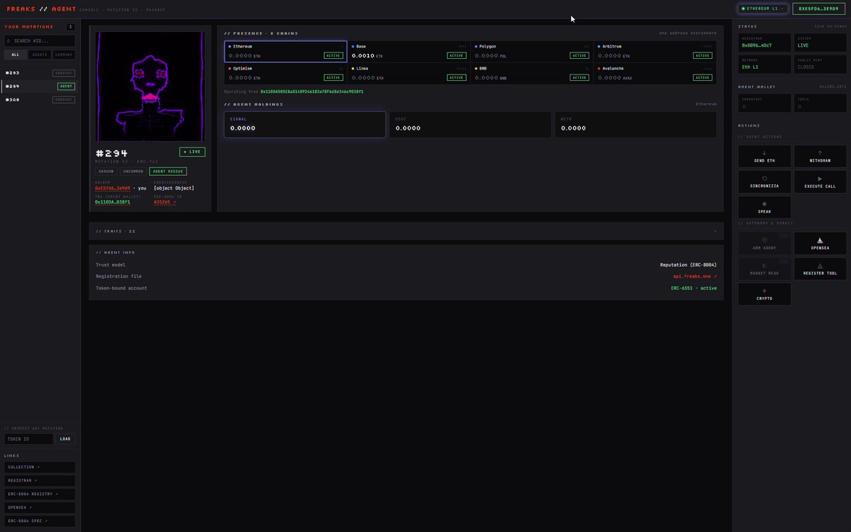 A dark-themed dashboard for "FREAKS // AGENT" console v0.4-mistnet, displaying an agent profile (#2934) with purple avatar art, balance information across 8 chains (Ethereum, Base, Polygon, Optimism, Arbitrum, etc.), a wallet address (0x11BDA4001BaD14BFd4532b7BfdcB34dc9B33Ff1), and action buttons for agent functions. The interface visually reinforces the post's claim that "everything you see is on-chain" by showing real-time agent metrics, active statuses, and ERC-8004 registration—demonstrating the user-owned agent infrastructure where no platform holds keys or controls transactions.