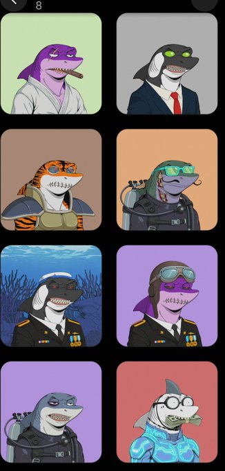 A grid of eight cartoon anthropomorphic lizard/reptile characters in various outfits including suits, military uniforms, and scuba gear, resembling 'Slerf' or similar NFT collections.