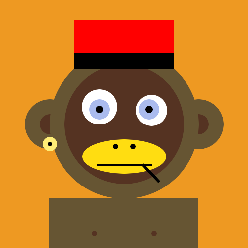A cartoon illustration of a brown monkey with large blue eyes wearing a red fez-style hat, holding a yellow oval mask on a stick in front of its mouth.
