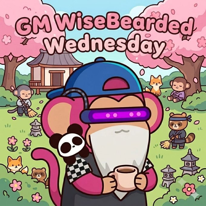 Cute cartoon illustration with 'GM WiseBearded Wednesday' text, depicting a bearded monkey character in a VR headset and backwards cap holding coffee, surrounded by Japanese scenery with cherry blossoms, pandas, and foxes.