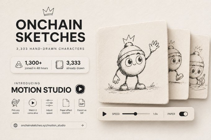 Promotional image for 'ONCHAIN SKETCHES' featuring 3,333 hand-drawn characters and their Motion Studio tool.