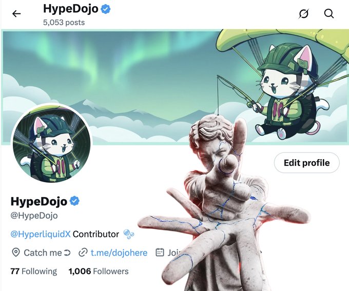 A Twitter/X profile page for "HypeDojo" (@HypeDojo) verified account with 5,053 posts, featuring a profile picture and banner of a white cat character parachuting, alongside an image of a stone sculpture of a hand with blue veins.