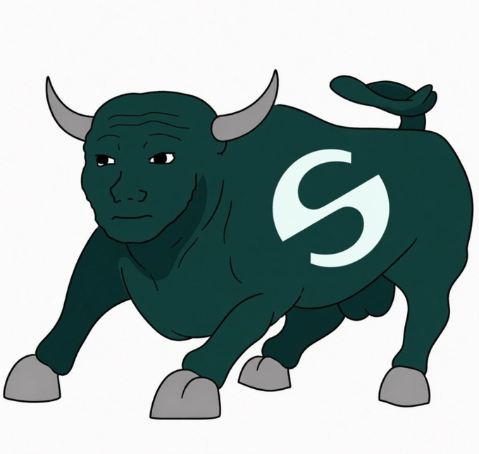 A cartoon illustration of a dark green bull with grey horns and hooves, featuring a white 'S' logo on its side.