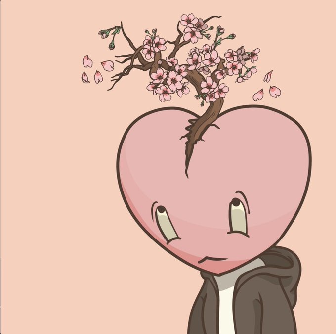 An illustration of a pink heart-shaped character wearing a brown hoodie, with a cherry blossom tree growing out of the top of its head, looking sad.