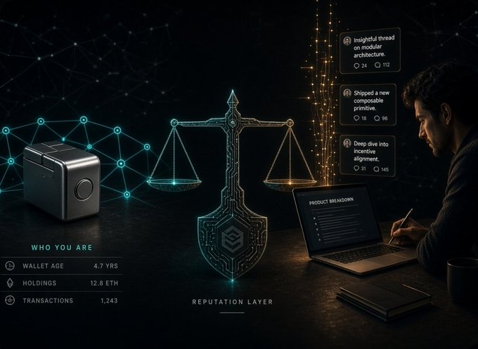 A stylized digital illustration depicting a 'Reputation Layer' with a glowing scales of justice icon, a vault, a person working on a laptop with 'PRODUCT BREAKDOWN', and wallet stats showing 'WALLET AGE 4.7 YRS', 'HOLDINGS 12.8 ETH', and 'TRANSACTIONS 1,243'.