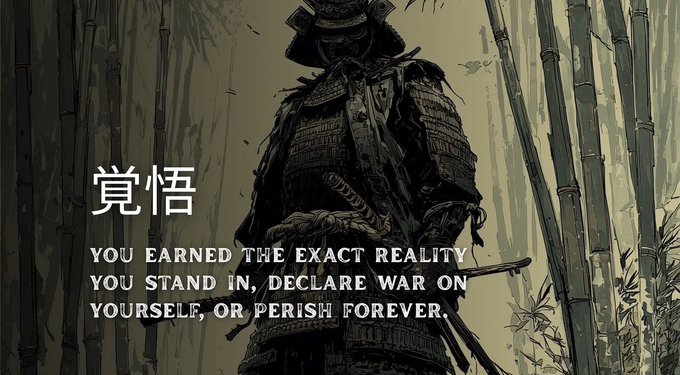 An illustration of a samurai in armor standing in a bamboo forest, with Japanese text '觉悟' and the English quote 'YOU EARNED THE EXACT REALITY YOU STAND IN, DECLARE WAR ON YOURSELF, OR PERISH FOREVER.'