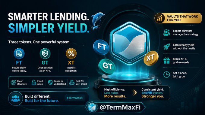 A promotional graphic for 'TermMaxFi' with the text 'SMARTER LENDING. SIMPLER YIELD.' explaining features of three tokens: FT, GT, and XT.