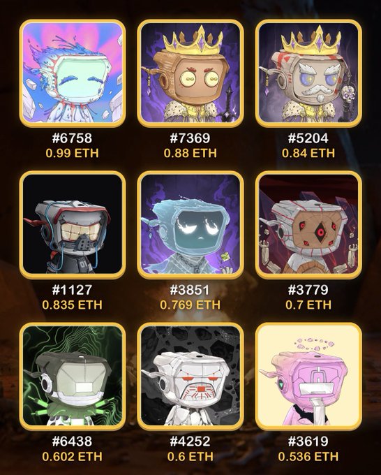 A grid of nine NFT character cards with various designs (robots, crowned figures, skulls), each labeled with a number (e.g., #6758, #7369, #5204) and an Ethereum price ranging from 0.536 ETH to 0.99 ETH.