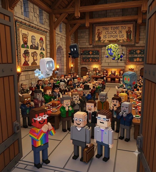 A Minecraft-style voxel art illustration depicting a crowded medieval tavern scene with pixelated blocky characters, including a rainbow-shirted figure, suited businessmen, and floating blocks, with a banner reading 'THE TIME TO CLOCK IN IS UPON US' and signs labeled 'STONKBROKER'.