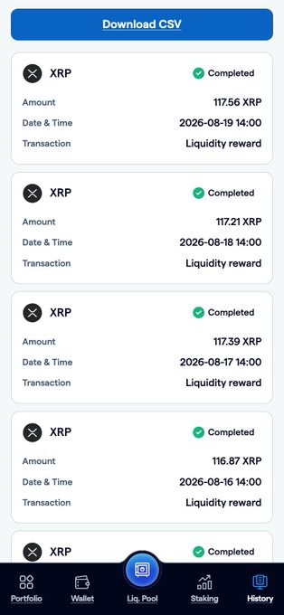 A mobile app interface displays a list of completed XRP liquidity rewards, with the most recent transactions showing amounts of 117.56 XRP (2026-08-19), 117.21 XRP (2026-08-18), 117.39 XRP (2026-08-17), and 116.87 XRP (2026-08-16), accessed via the "Liq. Pool" tab. This visualizes the post's claim that FortisX maintains active $XRP liquidity reward history with recent daily payouts visible on the dashboard.