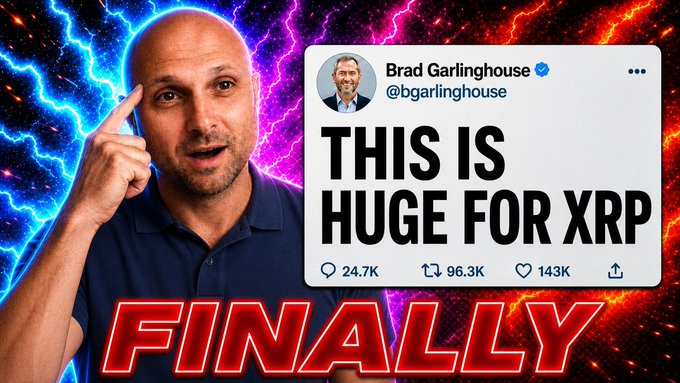 A YouTube thumbnail featuring Brad Garlinghouse's tweet "THIS IS HUGE FOR XRP" (with 24.7K comments, 96.3K retweets, and 143K likes) alongside a man pointing to his head, set against a dramatic lightning background with the word "FINALLY" displayed prominently—illustrating the post's claim about Ripple's $16 trillion settlement volume and the untapped potential of moving just 1% on-chain to transform XRP price targets.