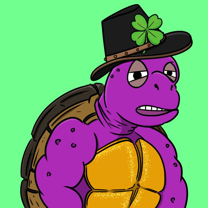 A cartoon illustration of a muscular purple turtle wearing a black cowboy hat with a four-leaf clover on it.