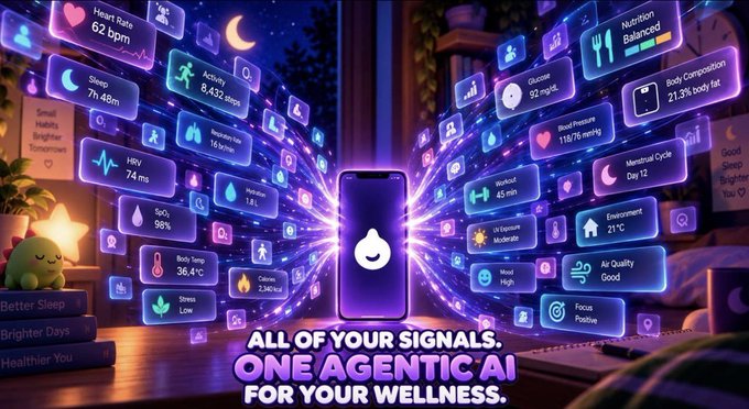 A promotional graphic for an AI wellness app with the text 'ALL OF YOUR SIGNALS. ONE AGENTIC AI FOR YOUR WELLNESS.' showing a smartphone surrounded by various health metric data cards like Heart Rate, Sleep, and Glucose.