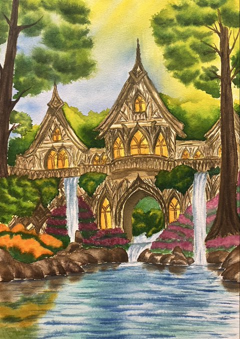 iced watercolor painting of a castle with three towers, surrounded by trees and a waterfall, rendered in a realistic style.