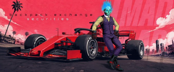 A stylized promotional image for 'backpack.exchange securities' featuring a character with blue hair and green face standing in front of a red Formula 1 race car against a red and white cityscape background.