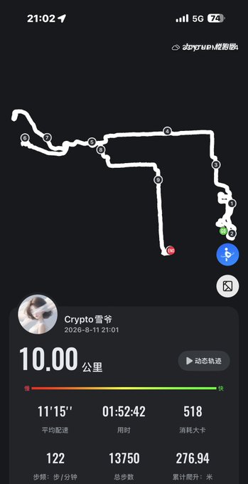 A fitness tracking app screenshot showing a 10.00 km run with an 11'15" pace, completed in 1:52:42 with 13,750 steps, under the username 'Crypto雪爷'.