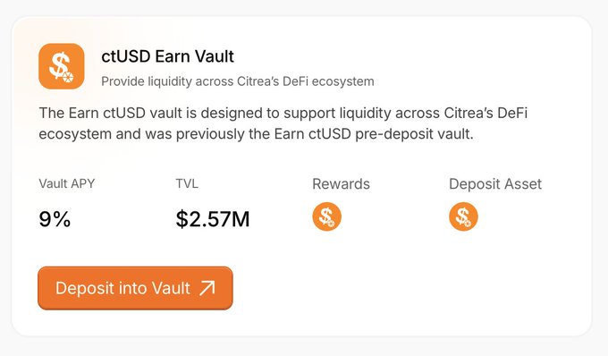 Interface screenshot of the ctUSD Earn Vault on Citrea's DeFi ecosystem showing 9% Vault APY, $2.57M TVL, and a "Deposit into Vault" button.