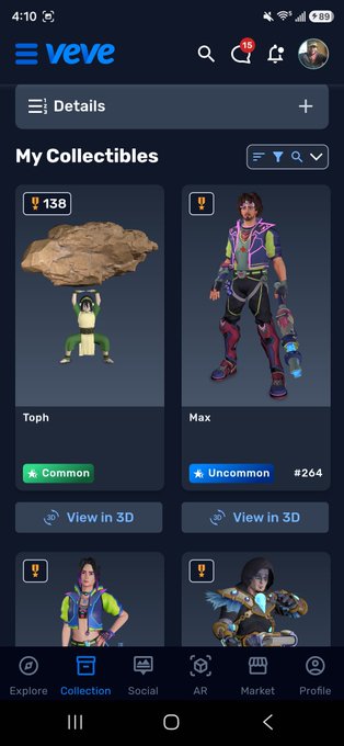 A screenshot of the Veve app showing the "My Collectibles" page, featuring character collectibles like "Toph" (Common) and "Max" (Uncommon #264).