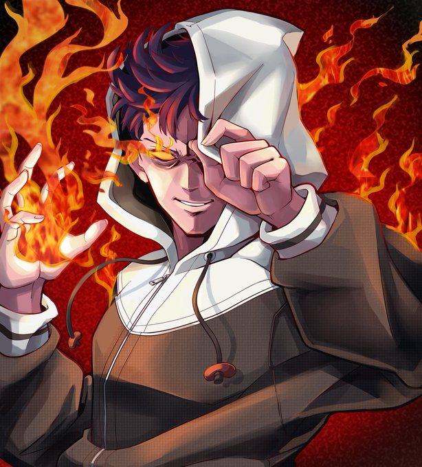An anime-style illustration shows a young man in a hoodie with a confident smirk, summoning flames in his hand while surrounded by a fiery red background.
