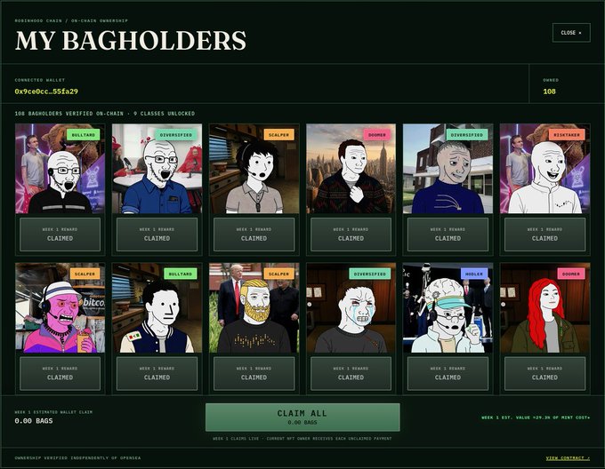 A “MY BAGHOLDERS” dashboard shows 108 bagholders across 100 verified on-chain, with traits such as Diamond, Bull, Scammer, Boomer, and Degen; all displayed NFTs are marked “Claimed,” and 0.00 BAGS are currently available. This reflects the PONS bonding-curve airdrop, which rewards eligible purchasers with Bagholder NFTs.
