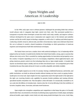 A document titled 'Open Weights and American AI Leadership' dated July 24, 2025, discussing open-source AI software platforms like PyTorch and Llama and their role in innovation and national security.