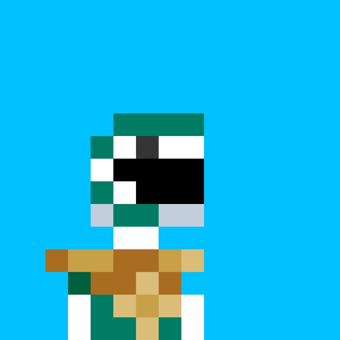 A pixel art character resembling Doctor Doom with a green helmet and brown armor is displayed against a bright blue background.