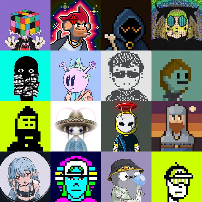 A 4x4 grid of pixel art avatar designs features various creative characters including a Rubik's cube-headed figure, a primate in a star hat, hooded figures, anime characters, and a cartoon seal blowing bubbles.