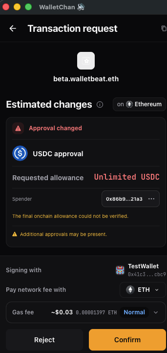A mobile screenshot of a 'WalletChan' Transaction request showing an 'Approval changed' alert for 'Unlimited USDC' on Ethereum, with Confirm and Reject buttons at the bottom.